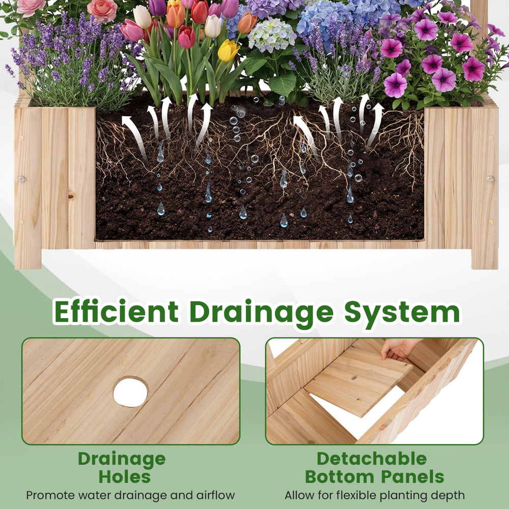 Wooden raised garden bed with trellis, featuring drainage holes and detachable bottom panels for flexible planting.