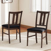 Walnut wooden dining chair featuring a plush black seat cushion and ergonomic high curved back for enhanced comfort.