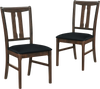 Set of 2 wooden dining chairs with high curved back, walnut finish, and plush black upholstered seats for comfort.