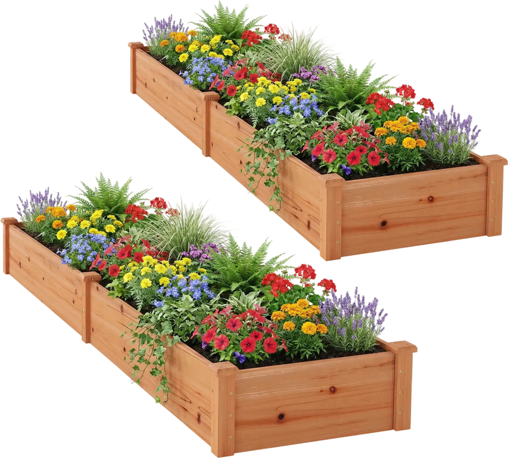Set of 2 wooden raised garden beds made of solid fir wood, ideal for planting flowers and vegetables in outdoor spaces.