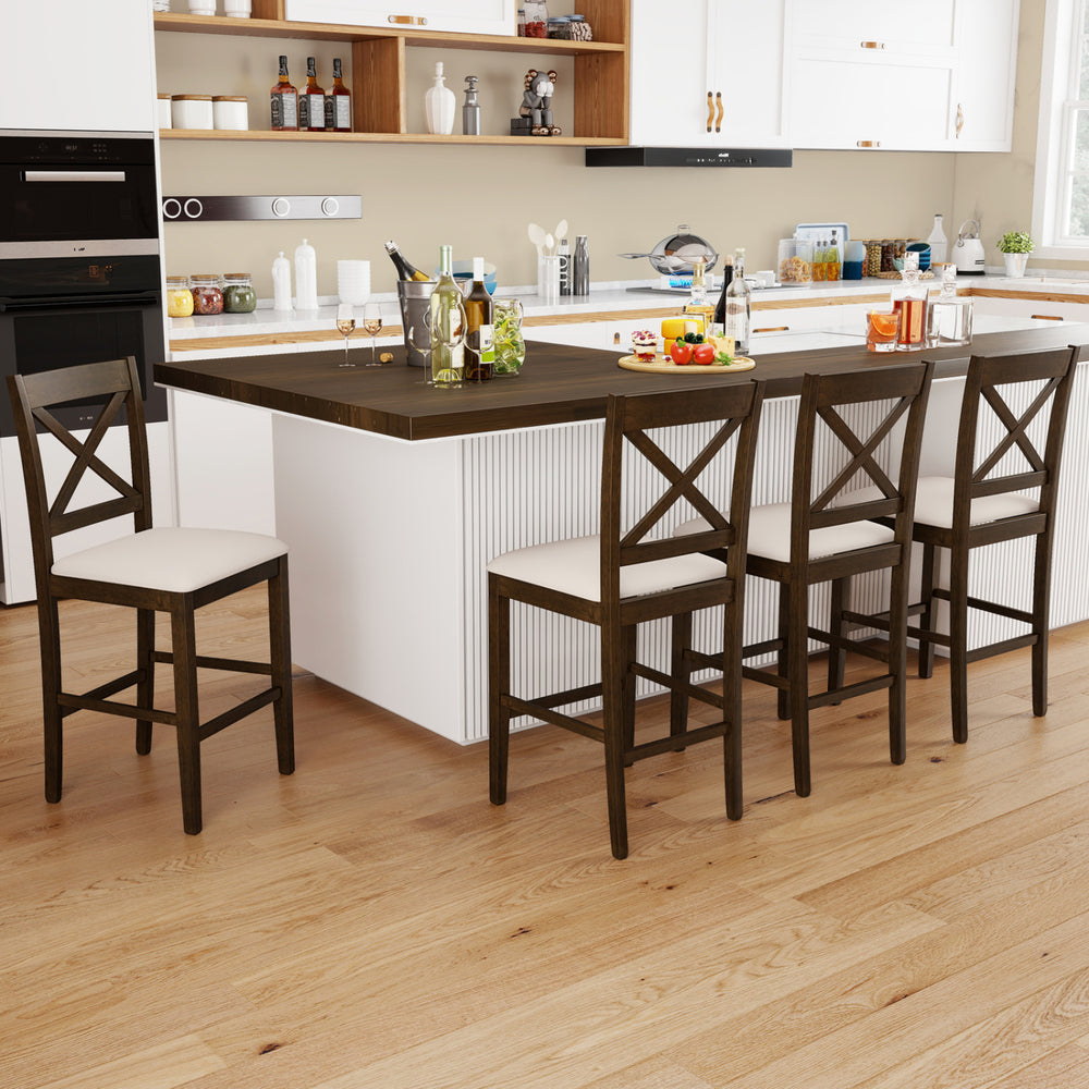 Set of 2 brown X-back bar stools with upholstered seats, perfect for kitchen islands and home bars.