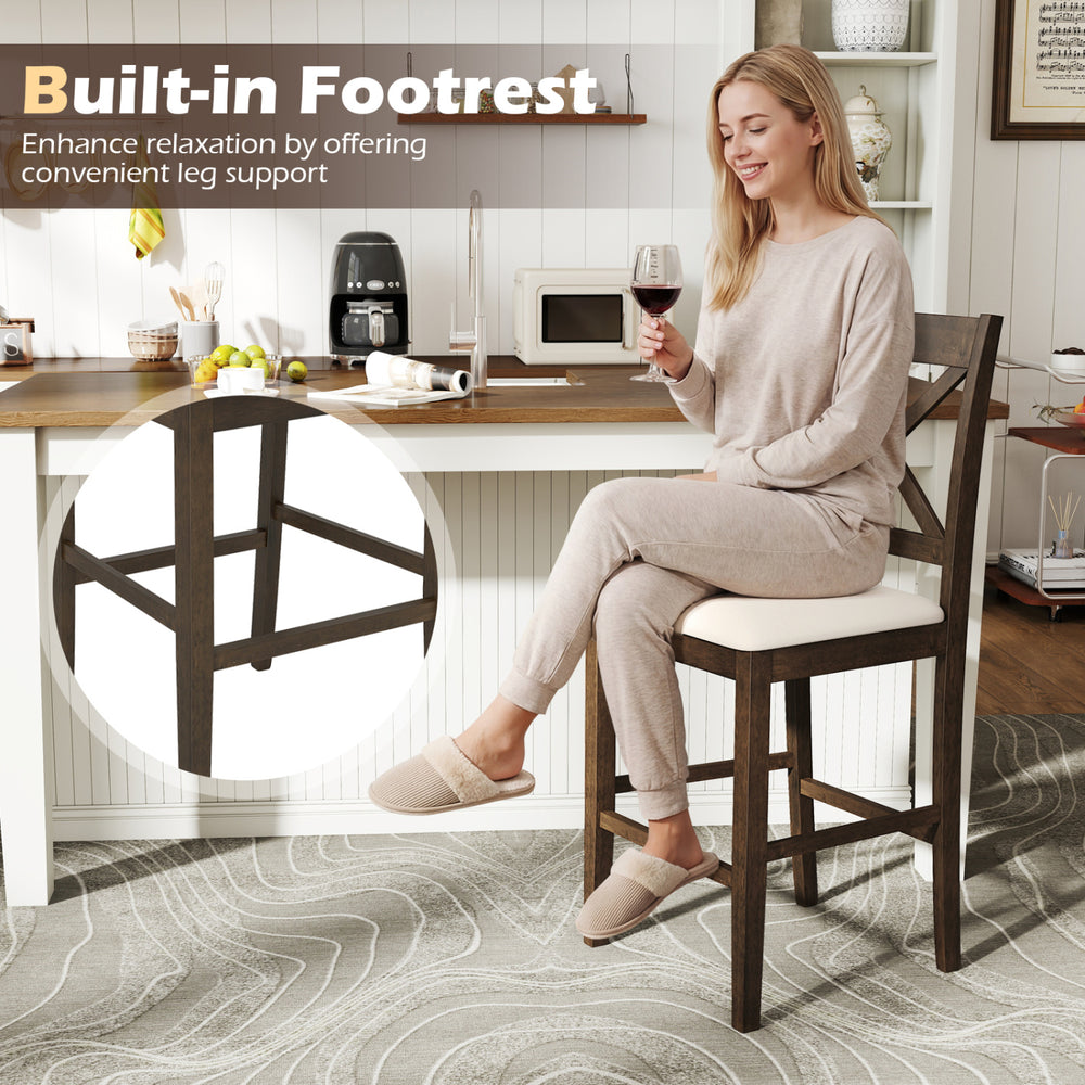 X-back bar stool with upholstered seat and built-in footrest, offering comfort and support for kitchen islands or home.