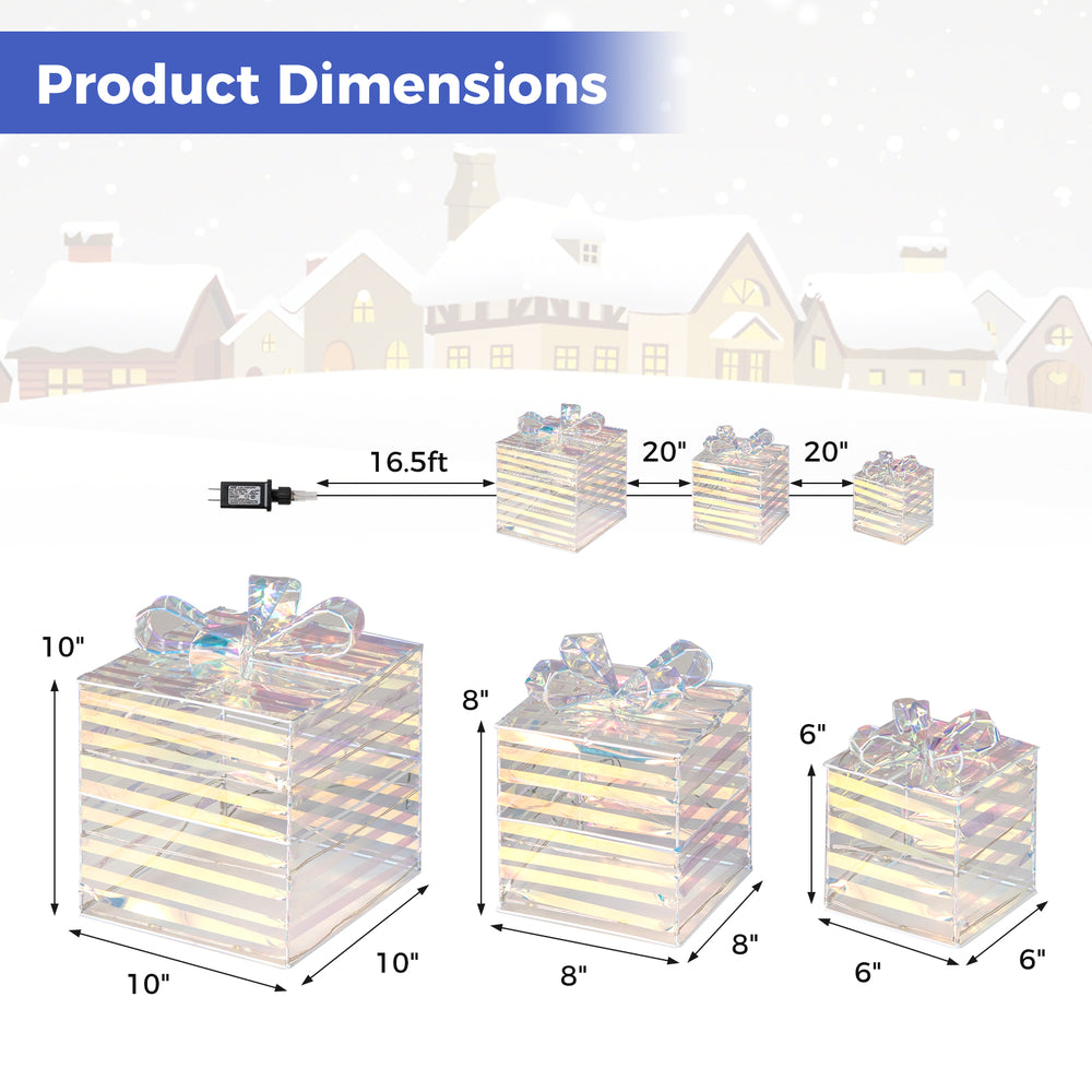 Detailed dimensions of the set of 3 lighted Christmas gift boxes, showcasing sizes for versatile holiday decoration.
