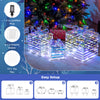 Close-up of a lighted Christmas gift box with a bow, showcasing shimmering PVC ribbons and energy-saving 90 LED lights.