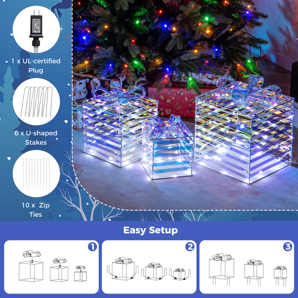 Close-up of a lighted Christmas gift box with a bow, showcasing shimmering PVC ribbons and energy-saving 90 LED lights.
