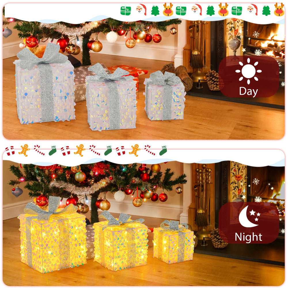 Set of 3 lighted Christmas gift boxes displaying shimmering PVC sequins and bows, ideal for enhancing festive decor day.