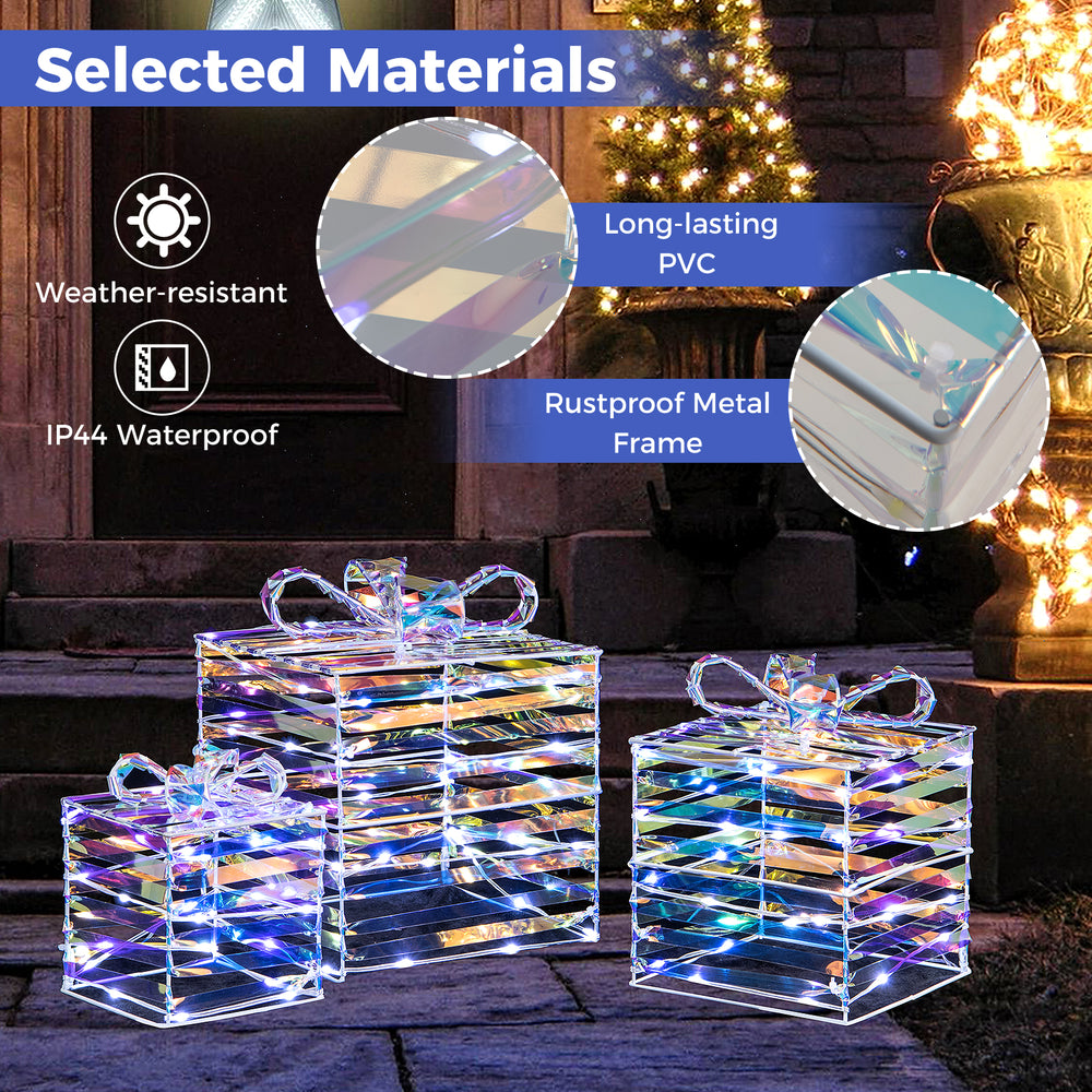 Set of 3 lighted Christmas gift boxes with bows, featuring weather-resistant PVC and rustproof metal frame for outdoor.
