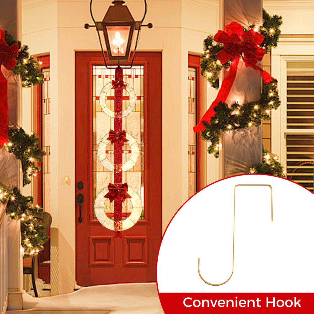 Single metal wreath with warm white LED lights and bow, designed for easy hanging and festive outdoor decoration.