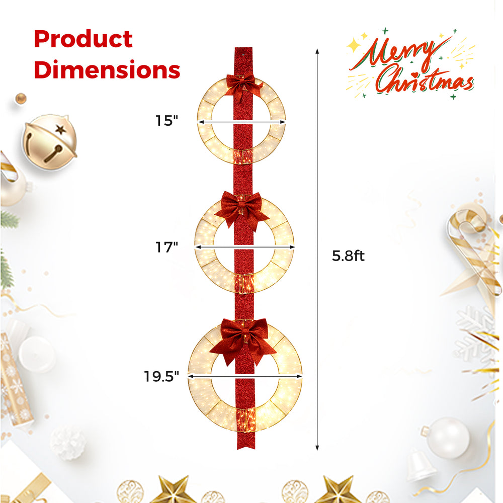Set of 3 lighted Christmas wreaths with warm white LED lights and bows, measuring 15", 17", and 19.5" for festive decor.