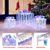 Set of 3 iridescent Christmas gift boxes with bows, featuring 156 lights and waterproof design for outdoor use.