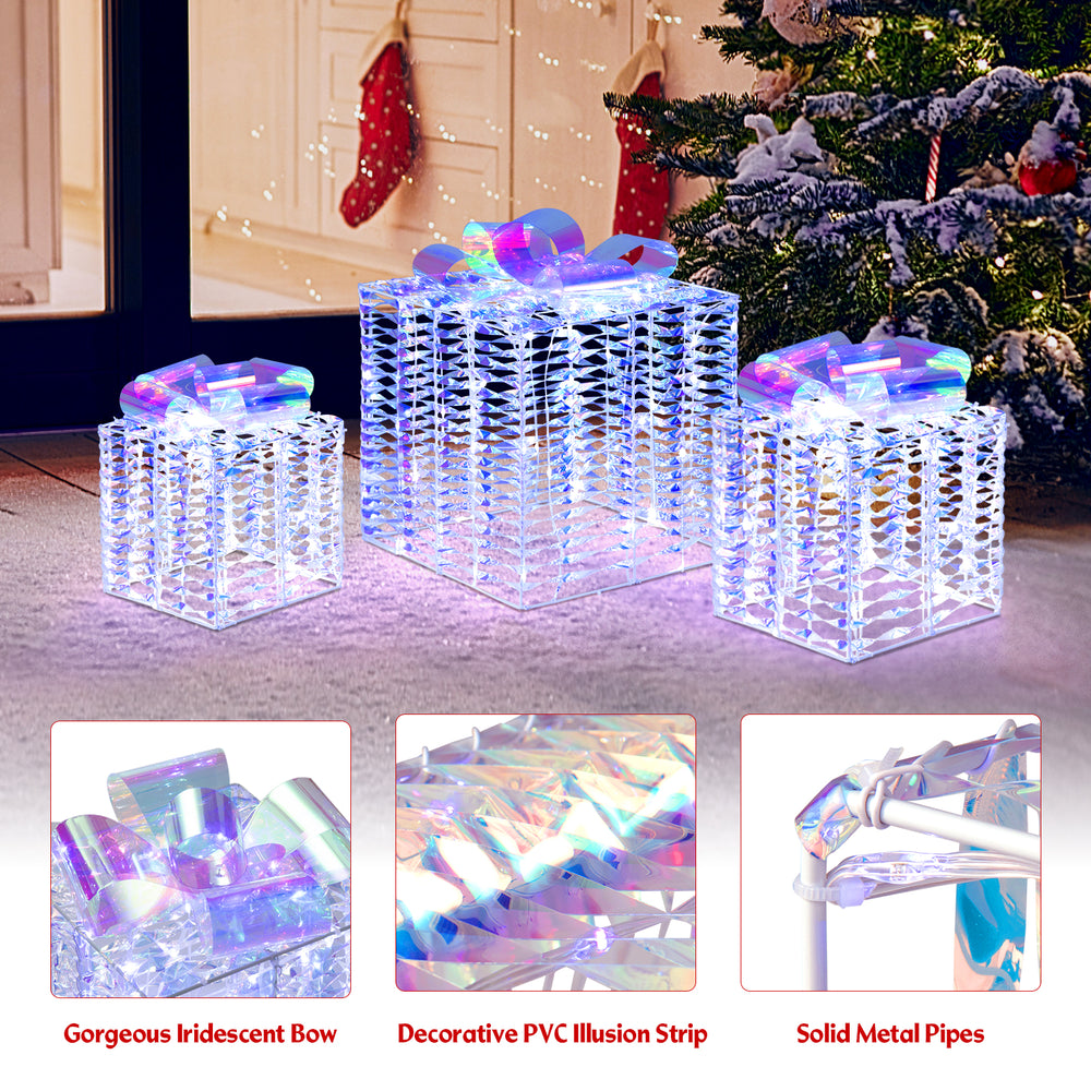 Set of 3 iridescent Christmas gift boxes with bows, featuring 156 lights and waterproof design for outdoor use.