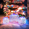 Set of 3 iridescent Christmas gift boxes with bows, illuminated by 156 cold white lights, perfect for outdoor.