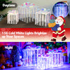 Set of 3 iridescent Christmas gift boxes with bows, featuring 156 cold white lights, perfect for outdoor holiday decor.