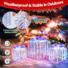 Set of 3 iridescent Christmas gift boxes with bows, featuring 156 lights, waterproof design, and stable for outdoor use.