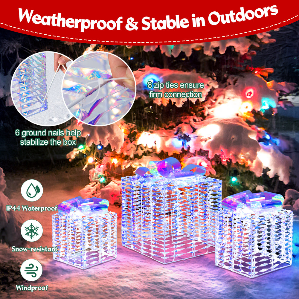Set of 3 iridescent Christmas gift boxes with bows, featuring 156 lights, waterproof design, and stable for outdoor use.