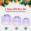 Iridescent Christmas gift boxes in three sizes, showcasing their stackable design and adorned with colorful bows.