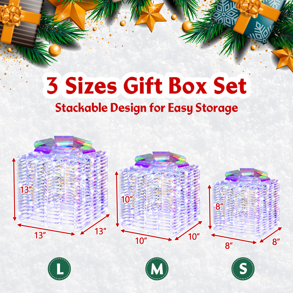 Iridescent Christmas gift boxes in three sizes, showcasing their stackable design and adorned with colorful bows.