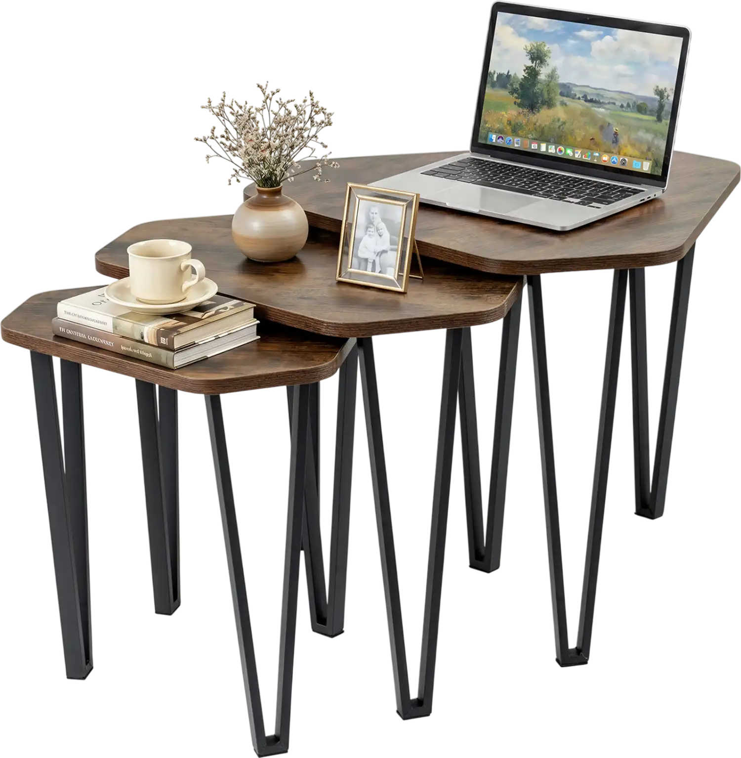 Costway Set of 3 Nesting Coffee Tables Engineered Wood Top Metal Frame 57672210 New