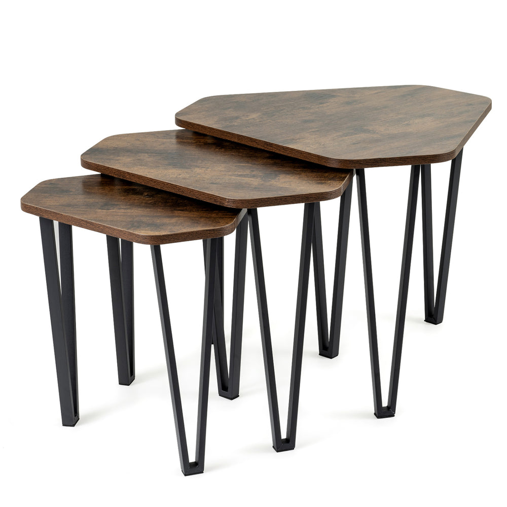 The largest nesting coffee table features a rustic brown engineered wood top and a durable metal frame for stylish functionality.