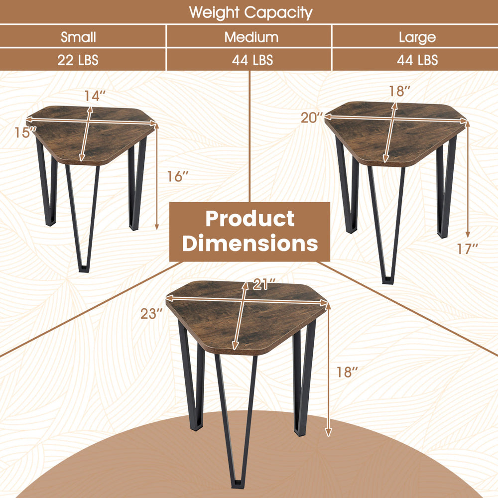 Dimensions chart for set of 3 nesting coffee tables in rustic brown, showcasing weight capacity and measurements for each size.