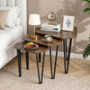 Set of 3 nesting coffee tables with rustic brown engineered wood tops and sturdy metal frames for versatile living room use.
