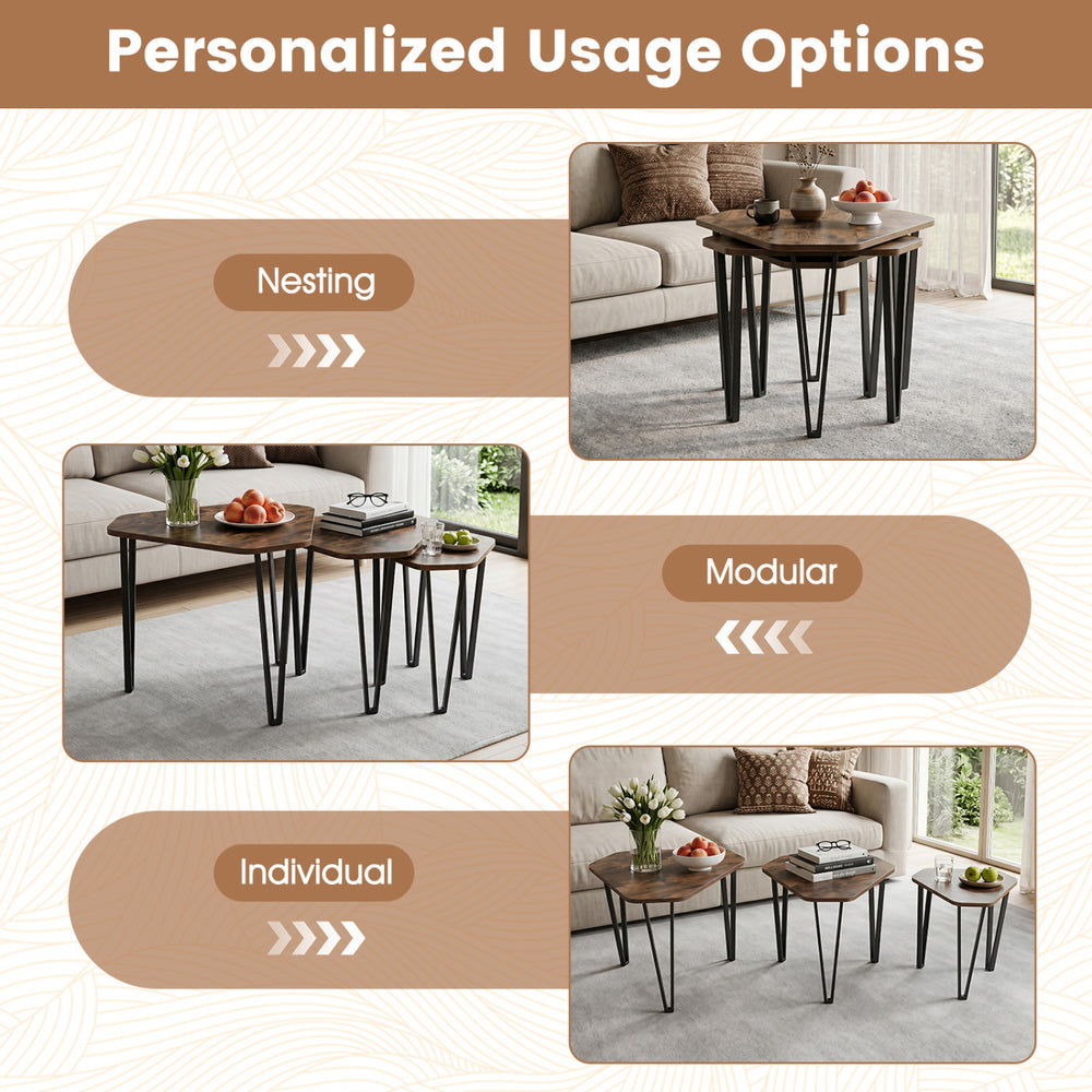 Set of 3 nesting coffee tables in rustic brown with engineered wood tops and metal frames for versatile living room use.