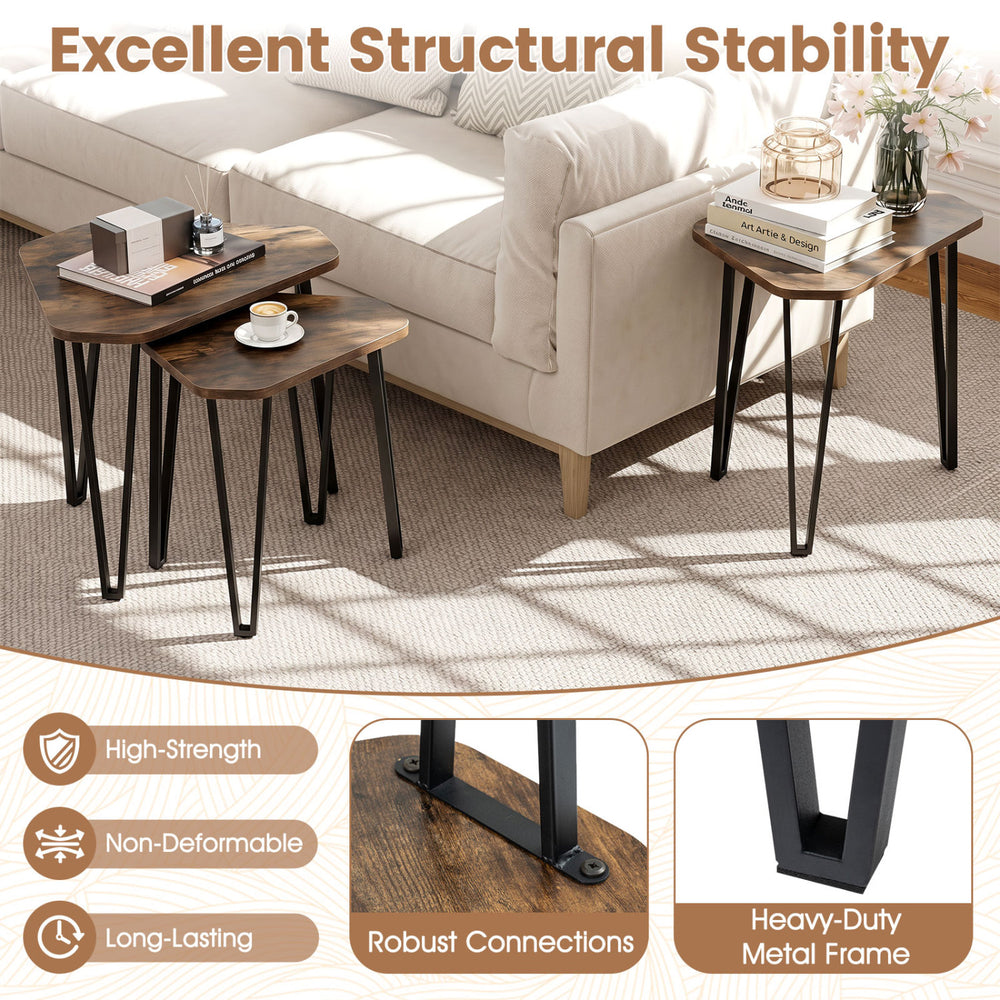 Set of 3 nesting coffee tables in rustic brown with engineered wood tops and a heavy-duty metal frame for versatile living room use.