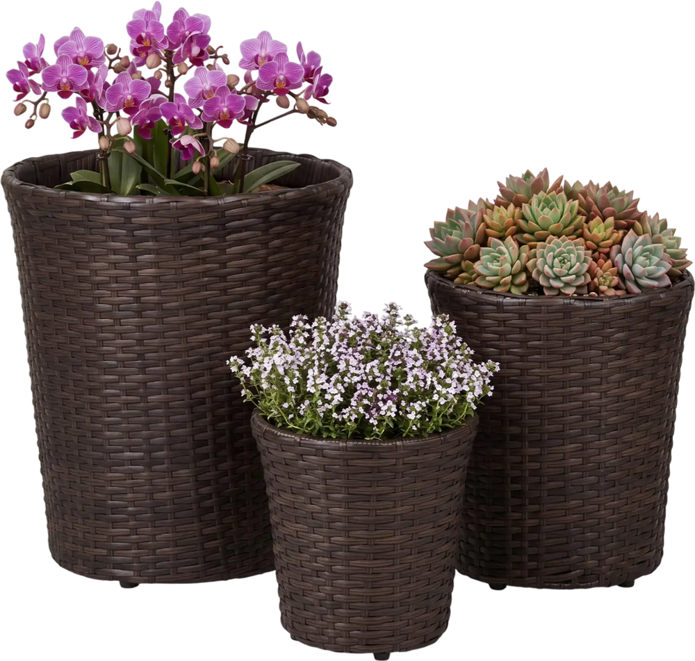 Set of three brown plastic planters in varying sizes with drainage holes, perfect for indoor and outdoor gardening.