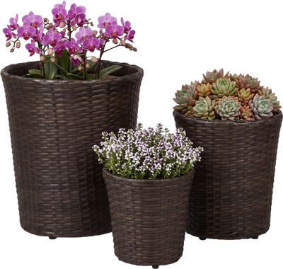 Costway Set of 3 Plastic Rattan Planters w/ Drainage Holes & Saucers 10186625 New