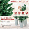 Potted artificial Christmas trees in silver metal buckets, made of flame-retardant PVC, ideal for festive decor.