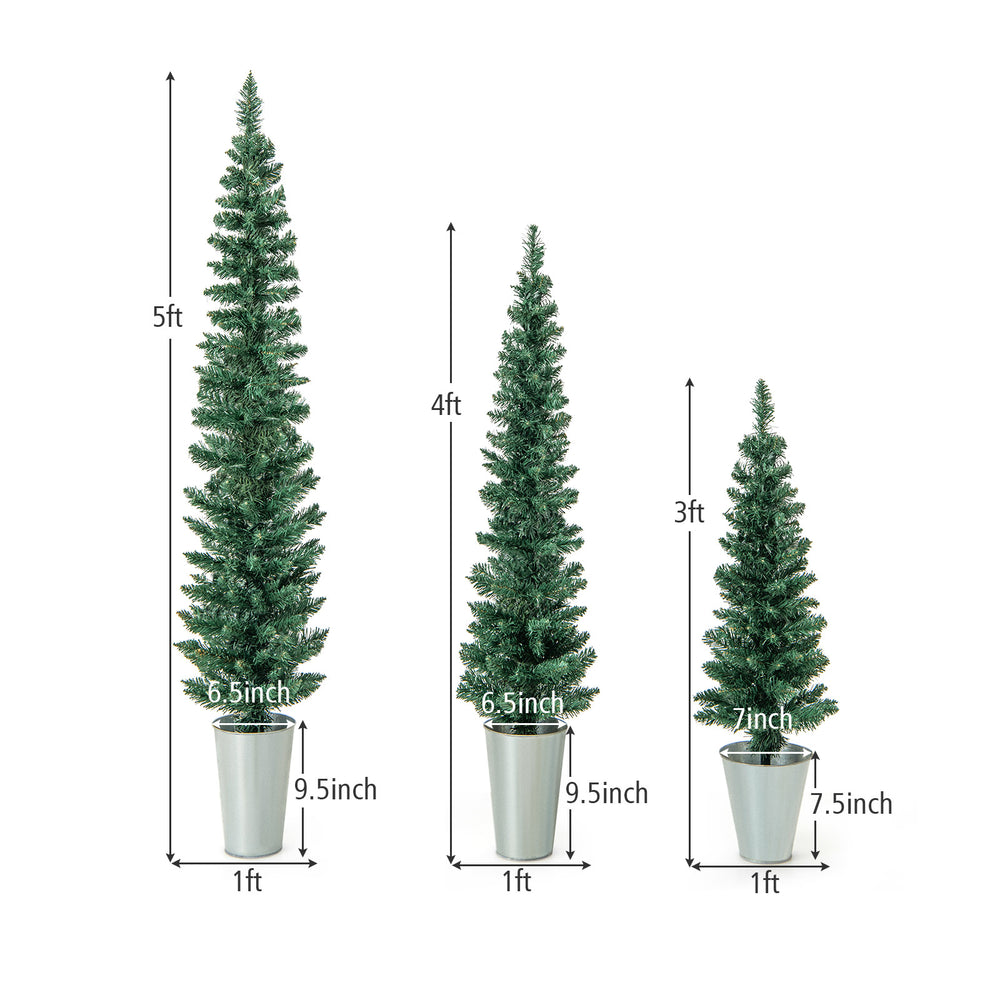 Dimensions of three potted artificial Christmas trees in silver metal buckets, ideal for compact holiday decorating.