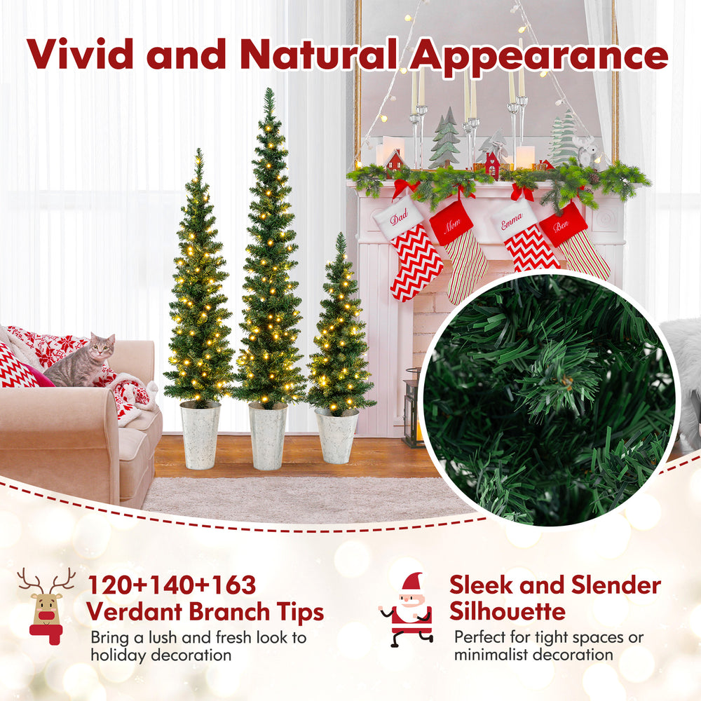 Set of 3 pre-lit artificial Christmas trees with 230 warm white LED lights, featuring verdant branch tips for festive.