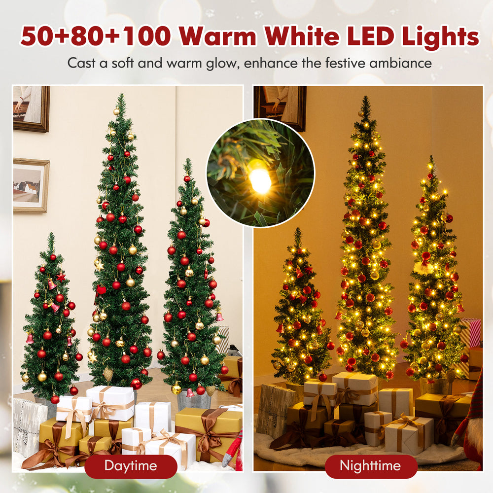 Set of 3 pre-lit artificial Christmas trees with 230 warm white LED lights, showcasing festive ambiance in daytime and.