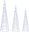 Set of 3 pre-lit Christmas cone trees with star strings in cold white, perfect for festive outdoor decoration.
