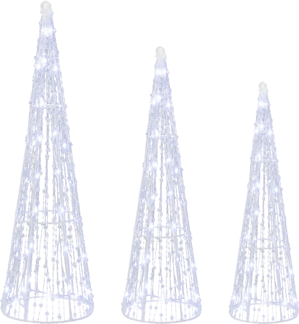 Set of 3 pre-lit Christmas cone trees with star strings in cold white, perfect for festive outdoor decoration.