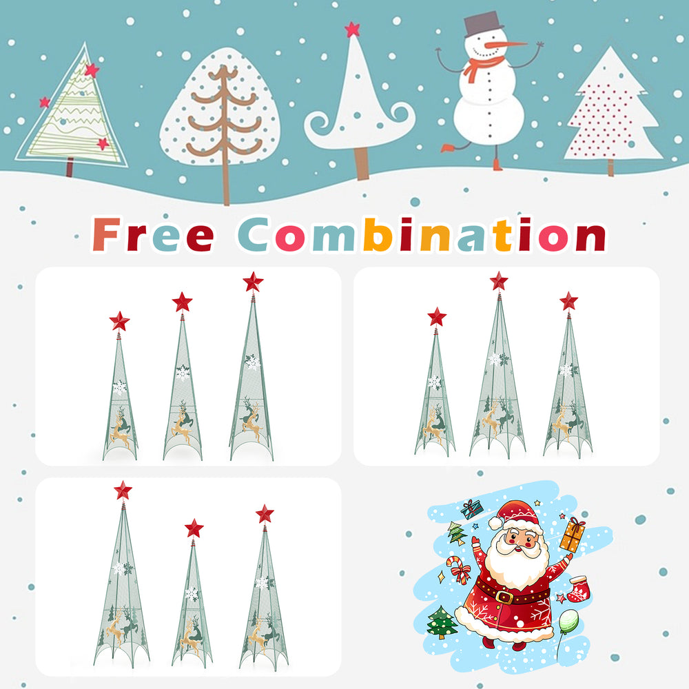 Set of 3 tower-shaped Christmas trees in 3ft, 3.5ft, and 4ft with removable star toppers for festive holiday decor.
