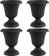 Set of 4 black vintage planters with pedestal base, 18 inches tall, ideal for indoor and outdoor plant display.