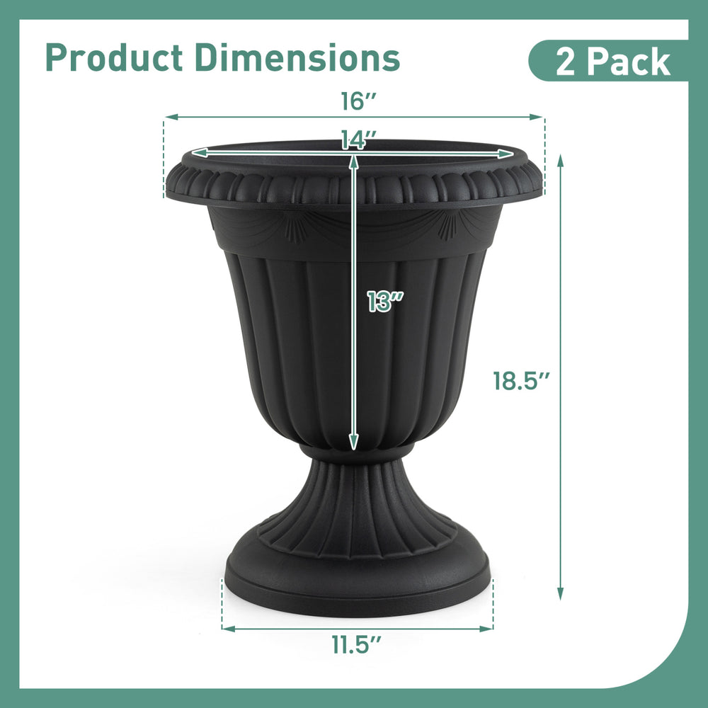 Product dimensions for the 18-inch tall black vintage planter with pedestal base, showcasing its elegant urn shape.