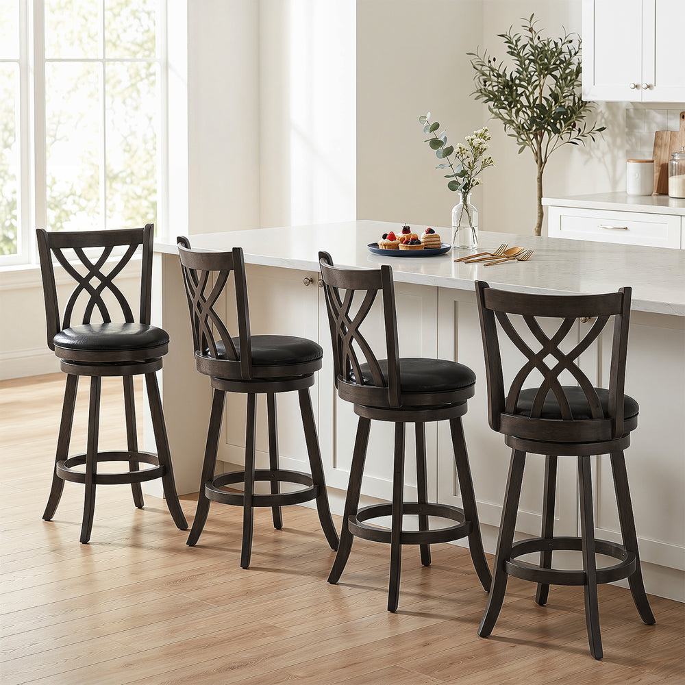 Set of 4 counter height bar stools with gray rubber wood frame and padded seats, perfect for kitchen islands and bars.