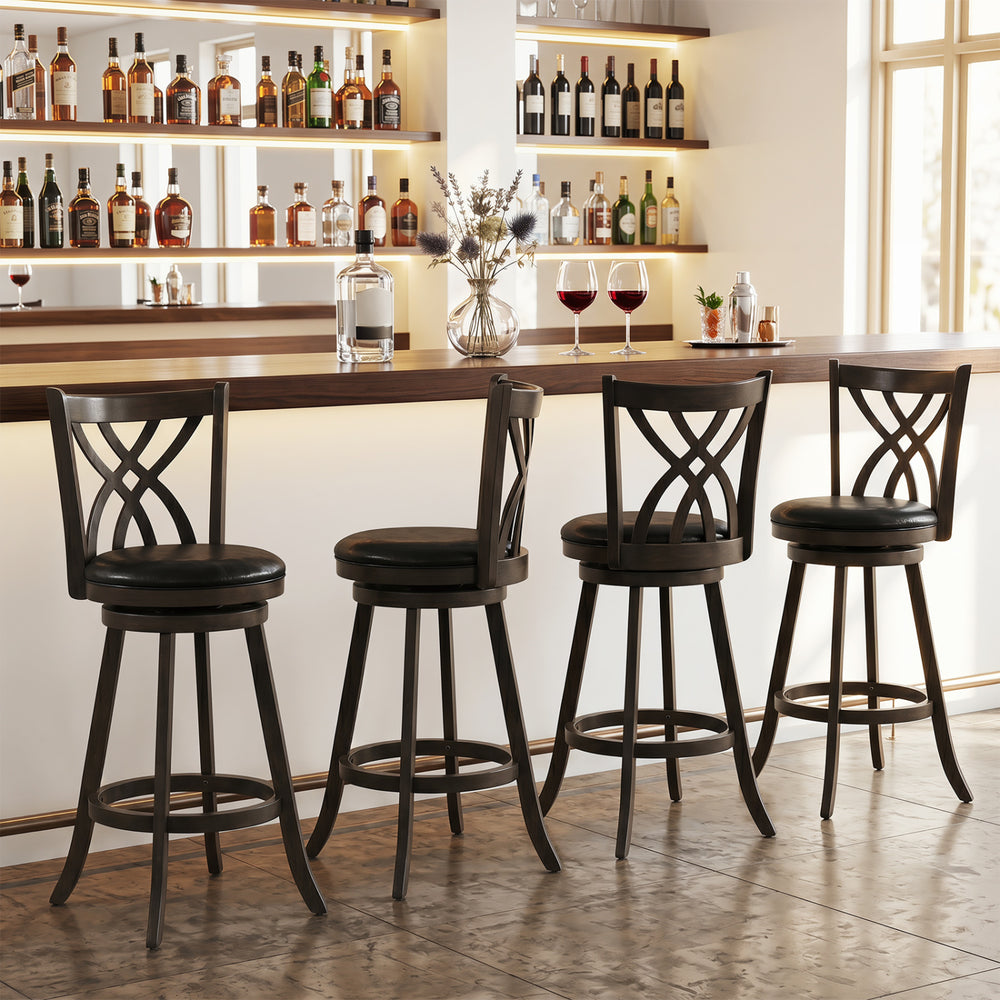 Set of 4 gray counter height bar stools with rubber wood frame, padded seats, and ergonomic backrests for comfort.