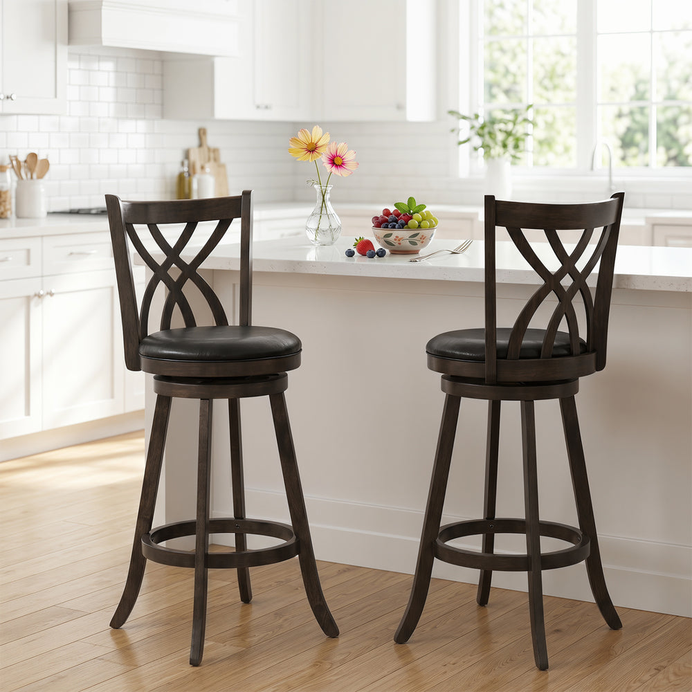 Set of two 29" counter height bar stools with gray PU leather seats and rubber wood frames for kitchen islands or bars.