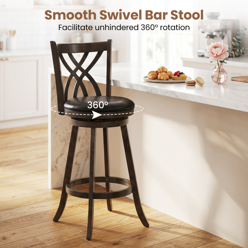 Counter height bar stool with a smooth 360° swivel, gray PU leather seat, and rubber wood frame for kitchen islands.