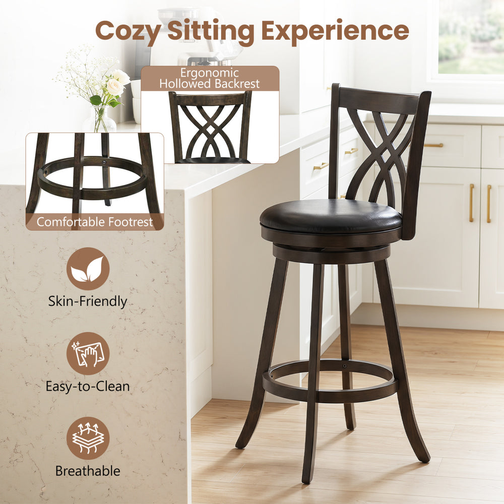 29" counter height bar stool set with a rubber wood frame, ergonomic backrest, and easy-to-clean PU leather upholstery.