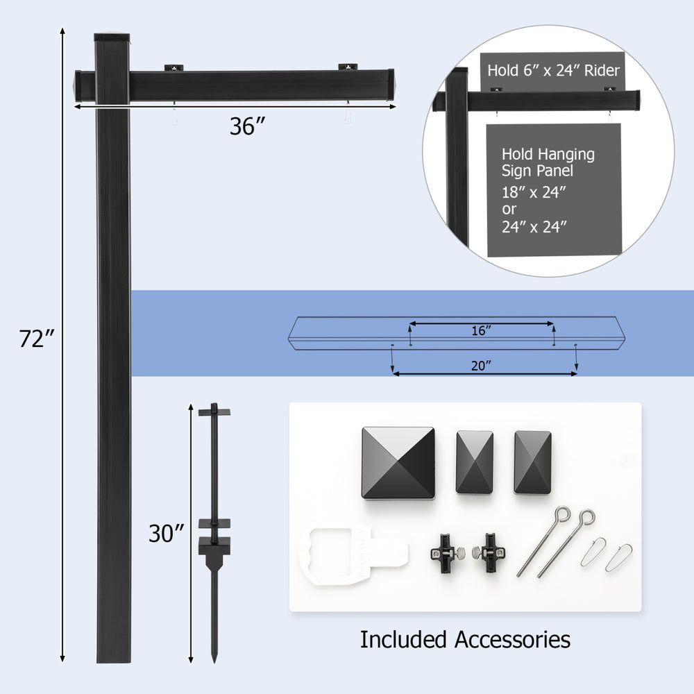 Black 72" real estate yard sign post with 36" arm, includes stainless steel clips and accessories for easy installation.