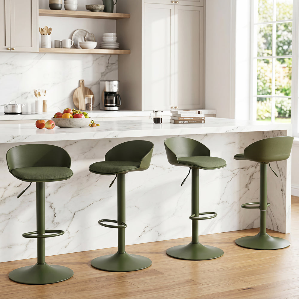 Set of 4 green adjustable swivel bar stools with back and footrest, perfect for dining and counter height tables.