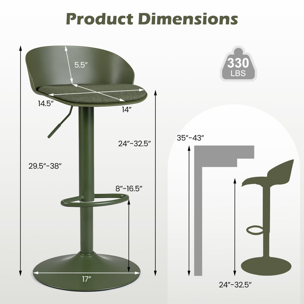 Adjustable green swivel bar stool with back and footrest, height range 24"-32.5", supports up to 330 lbs for dining use.