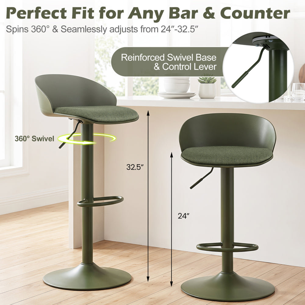 Adjustable green swivel bar stool set with back and footrest, 360° swivel, height adjusts from 24" to 32.5" for versatile use.