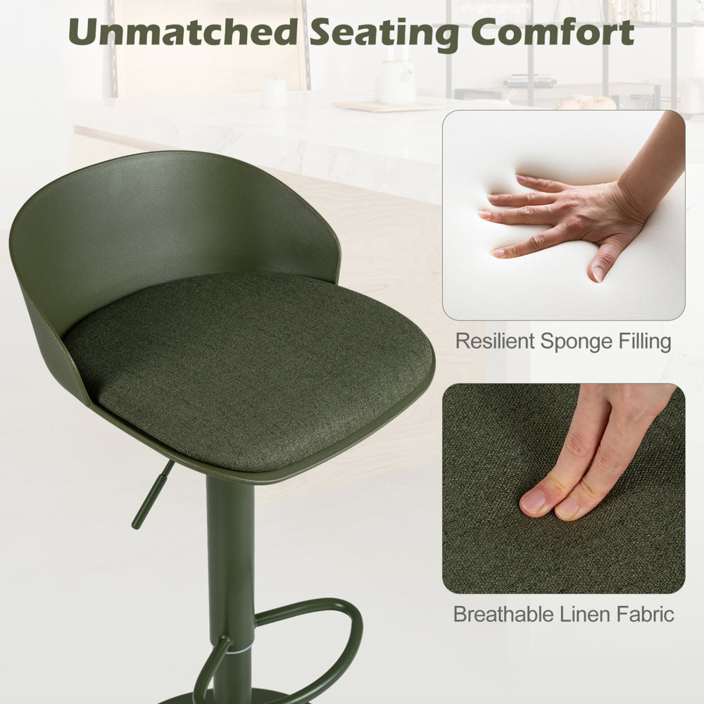 Adjustable green swivel bar stool with breathable linen fabric and sponge filling, perfect for dining and pub settings.