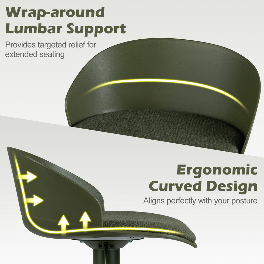 Adjustable green swivel bar stool featuring wrap-around lumbar support and ergonomic curved design for optimal comfort.