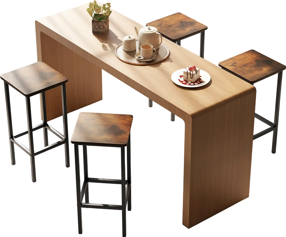 Set of 4 rustic brown bar stools with metal legs and footrests, ideal for dining rooms or kitchen islands.